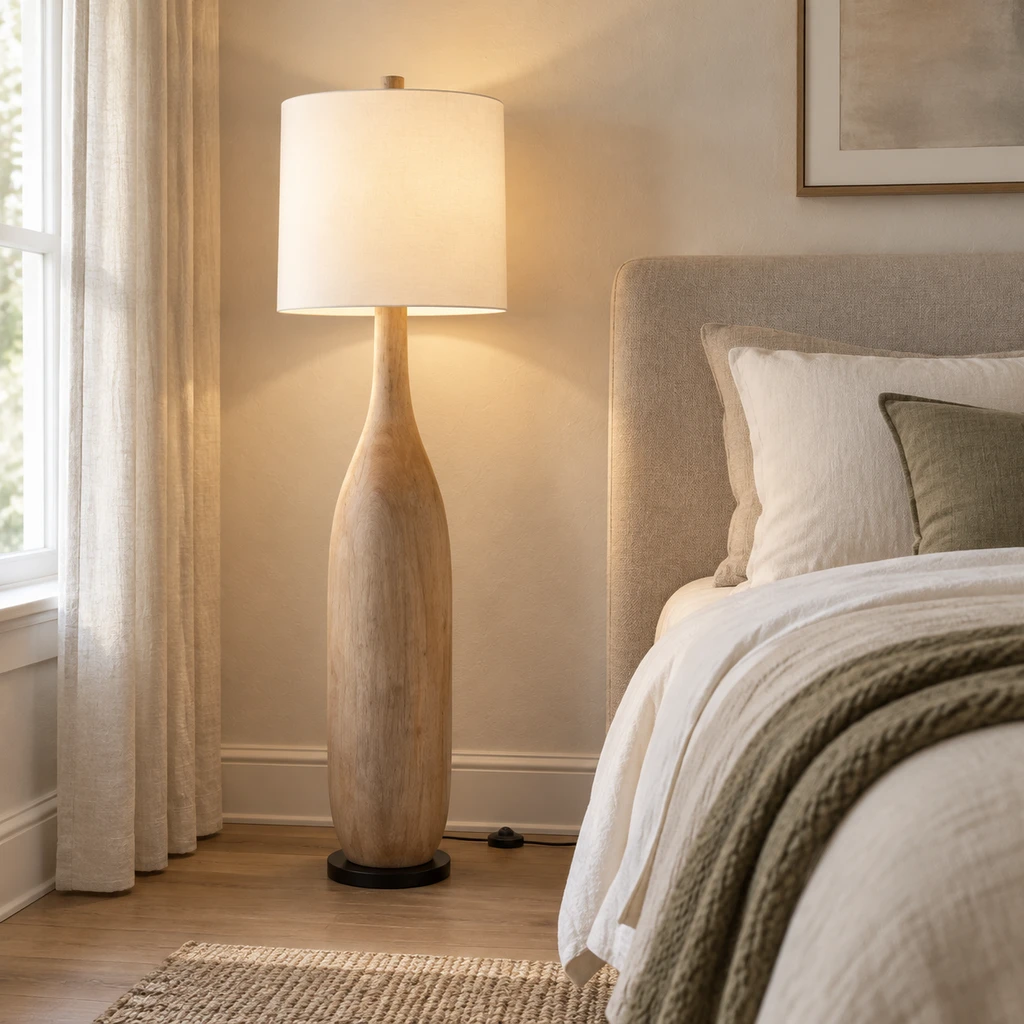 Amelia American Rustic Turned Wood and Fabric Floor Lamp, Natural Wood - 45 cm wide x 160 cm high, high-ceiling bedroom setting