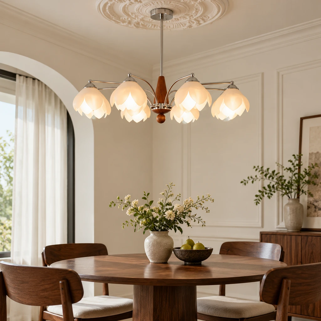 Amelia chandelier above a walnut dining table