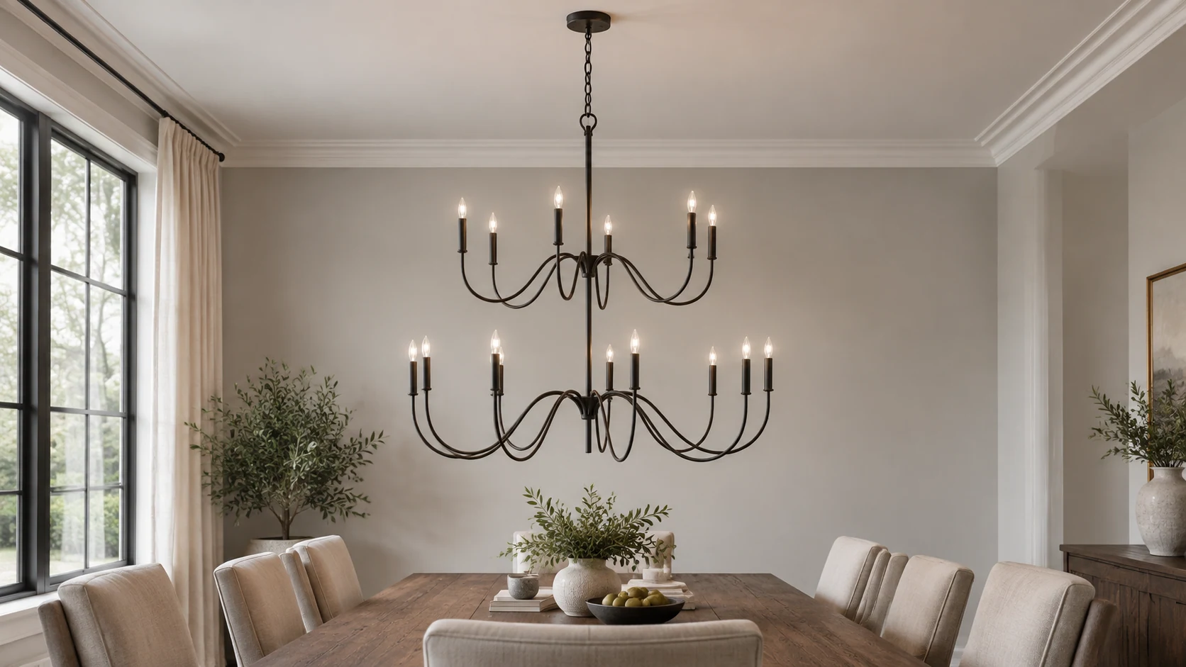 15-light curved-arm chandelier in high-ceiling dining room