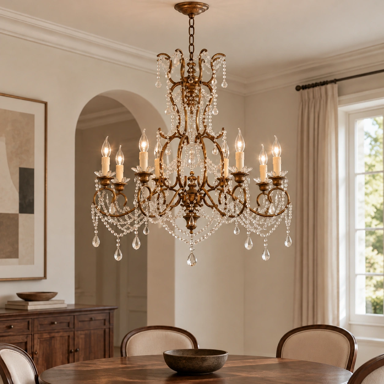 Crystal chandelier over a dining area