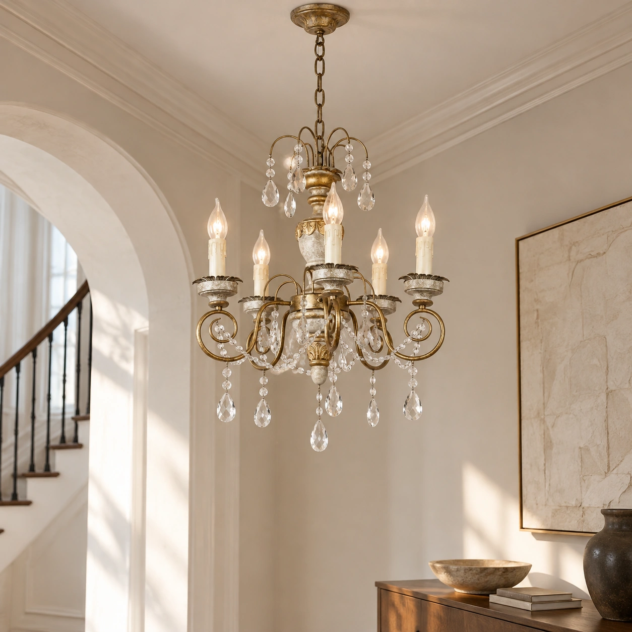 American rustic crystal chandelier in a foyer