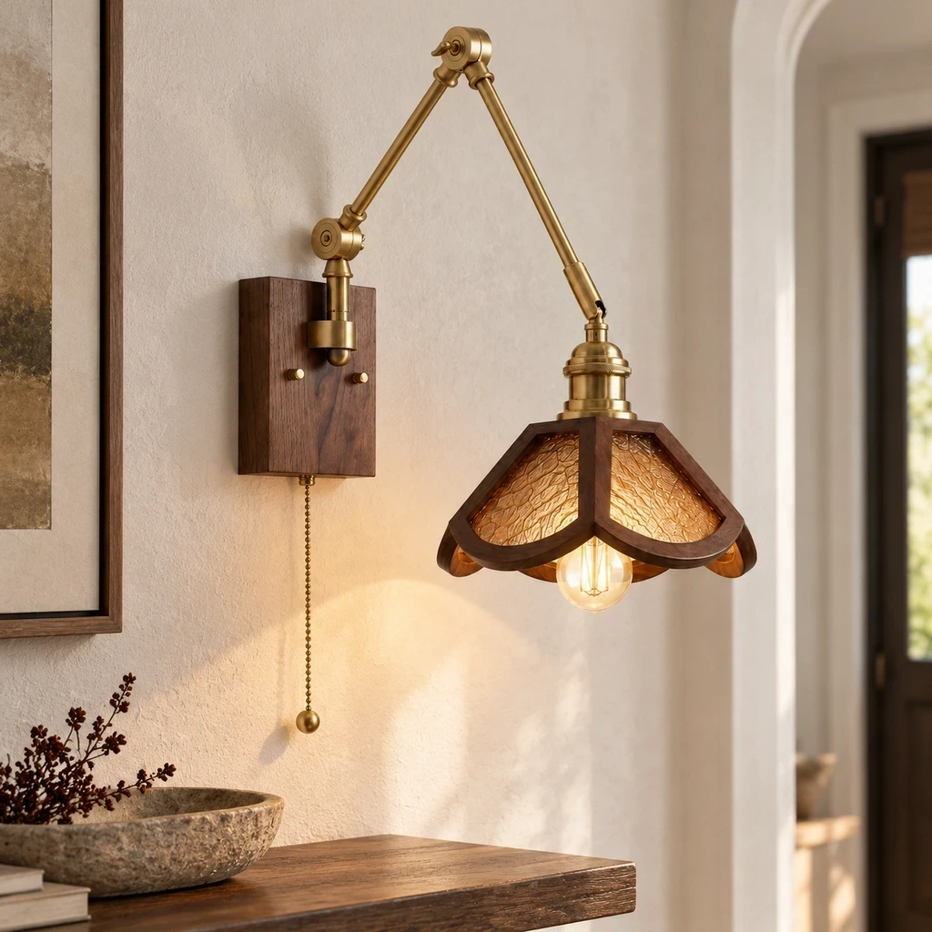Wushlp Vintage Adjustable Ash-Wood and Copper Wall Light in a compact foyer