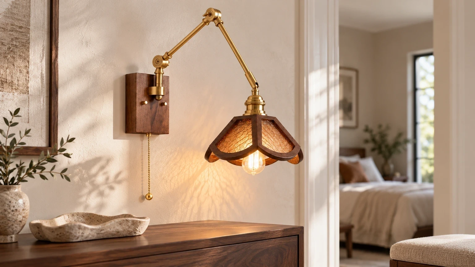 Wushlp Vintage Adjustable Ash-Wood and Copper Wall Light installed in a bright bedroom hallway