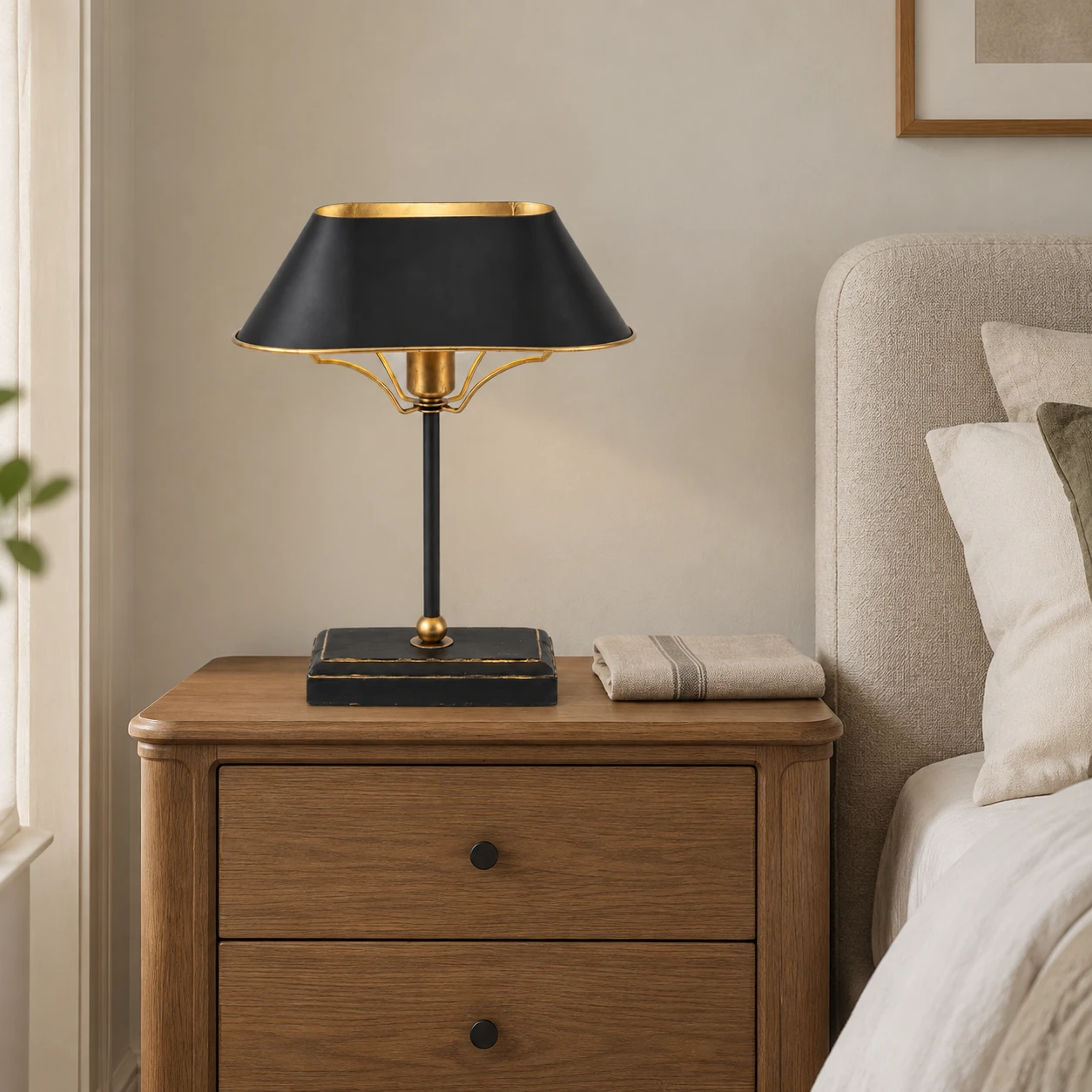 Black and gold Odette table lamp on a wood bedside chest