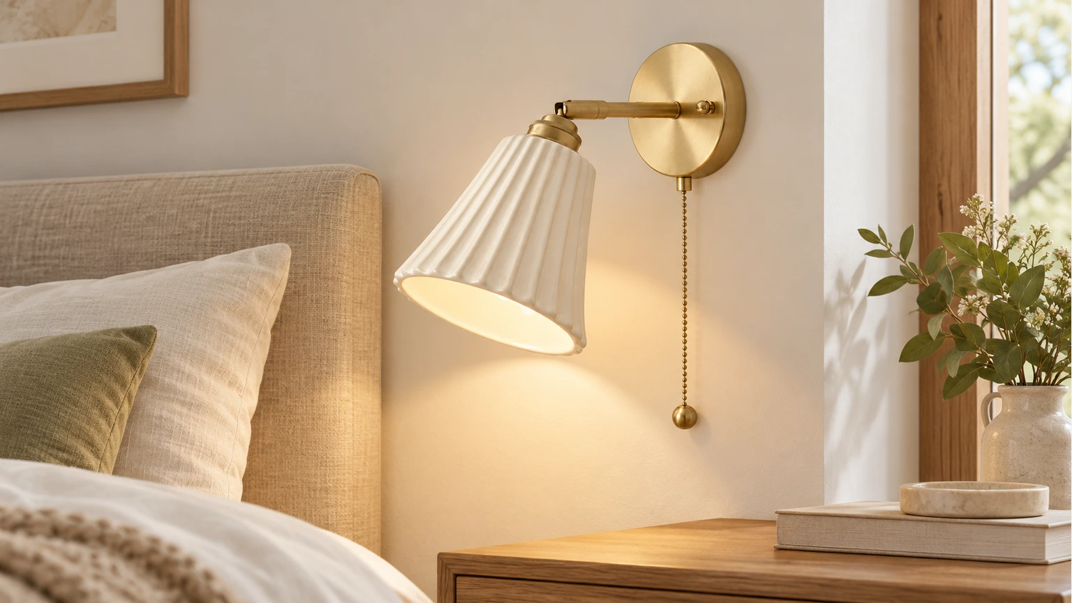 Elena Nordic Ribbed Copper Ceramic Wall Sconce in a bright bedroom setting
