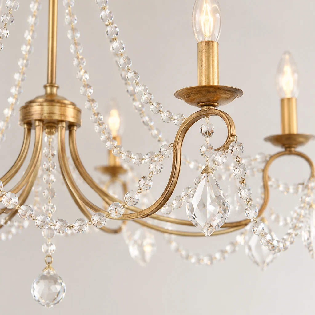 Mila American Vintage Crystal and Iron Chandelier, Antique Gold Crystal, close view of the primary material and finish