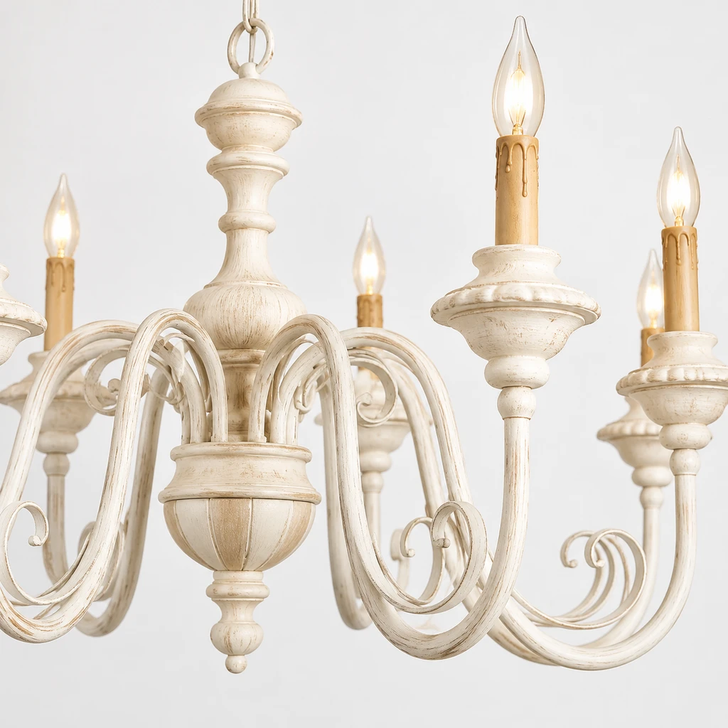 Elise American Vintage Carved Wood Chandelier, Soft White Wood, close view of the secondary construction detail