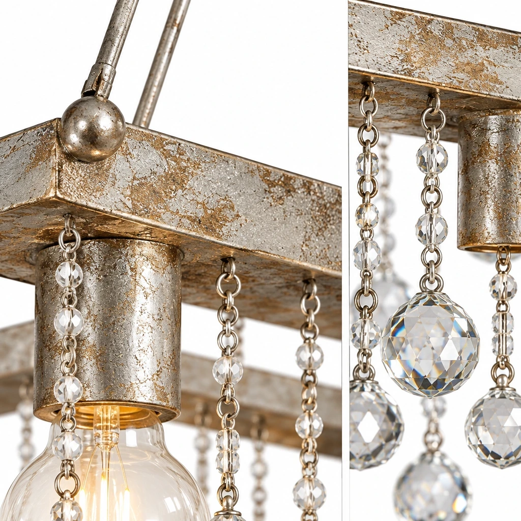 Silver-foil iron frame and crystal drop detail