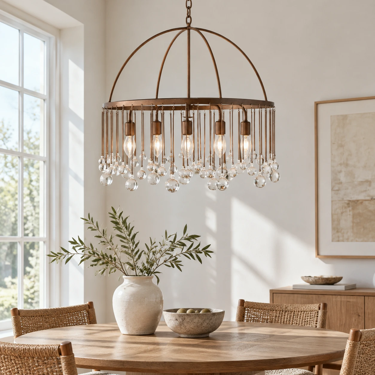 Five-head rust crystal chandelier above an oak dining table