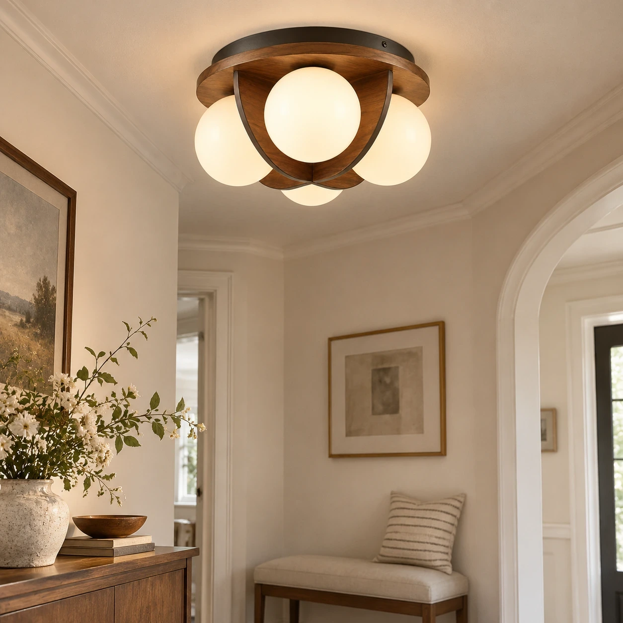 Wushlp Vintage Bean Walnut Wood and Metal Flush Mount Ceiling Light on a living-room accent wall