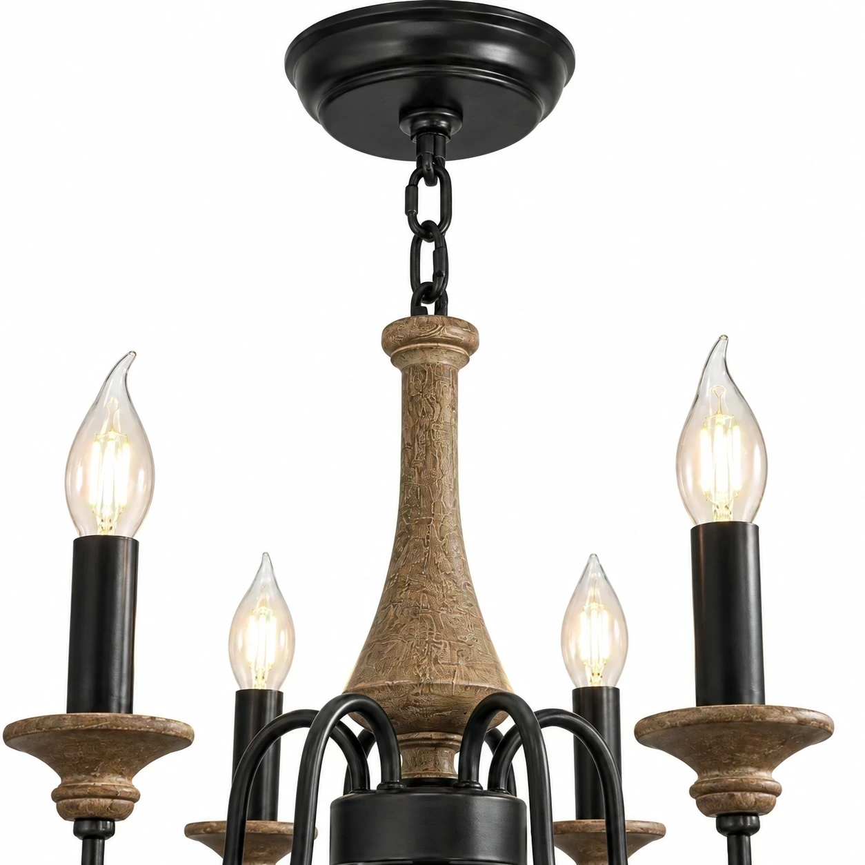 Round ceiling canopy, chain suspension, and carved wood connection