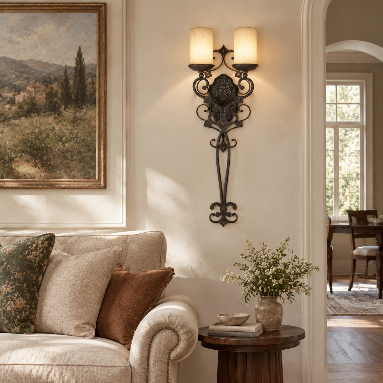 Amelie French Country Double-Candle Iron Wall Sconce mounted beside a living room sofa