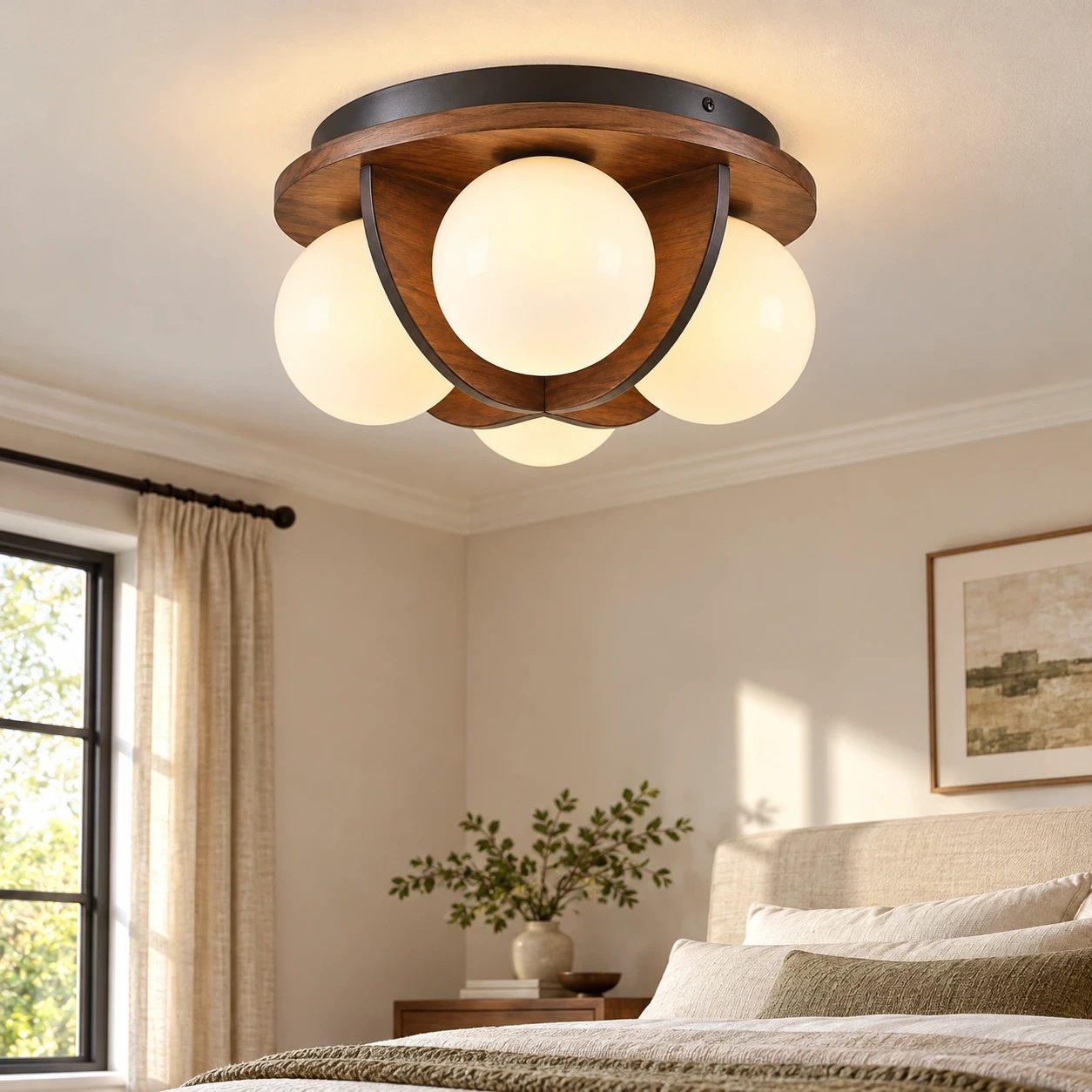 Wushlp Vintage Bean Walnut Wood and Metal Flush Mount Ceiling Light beside a bedroom