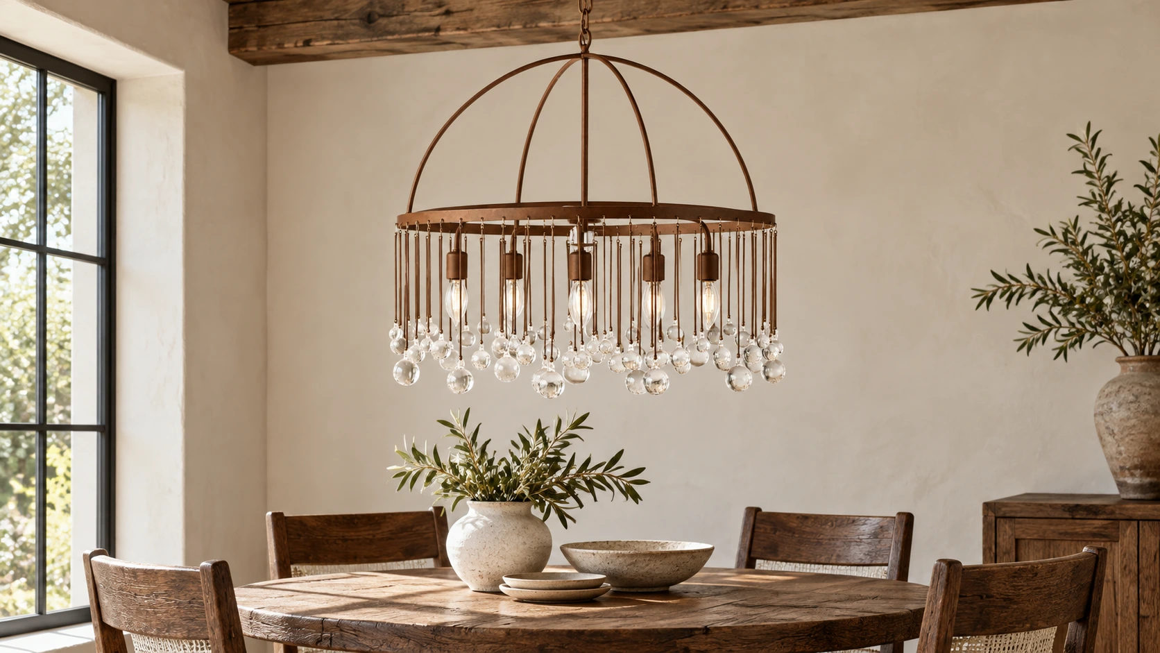 Rust crystal chandelier above a dining table