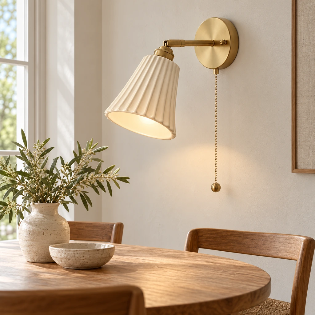 Elena Nordic Ribbed Copper Ceramic Wall Sconce beside a linen bed