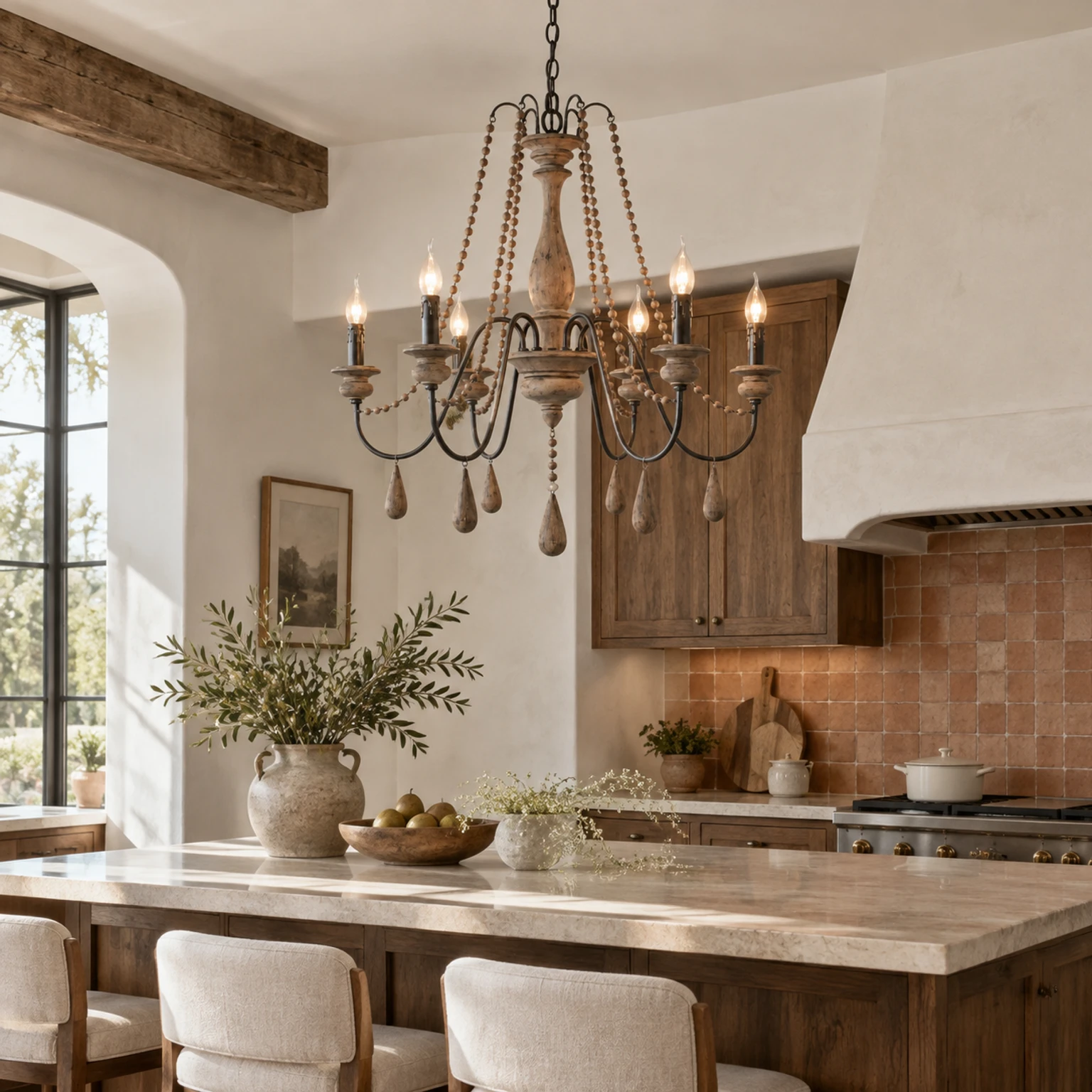 Distressed wood branch chandelier above a country kitchen island