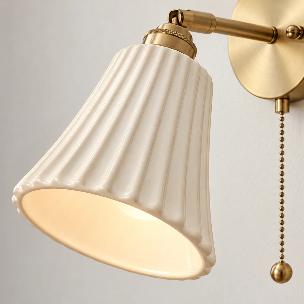 Close view of Elena Nordic Ribbed Copper Ceramic Wall Sconce ribbed ceramic shade and warm diffuser
