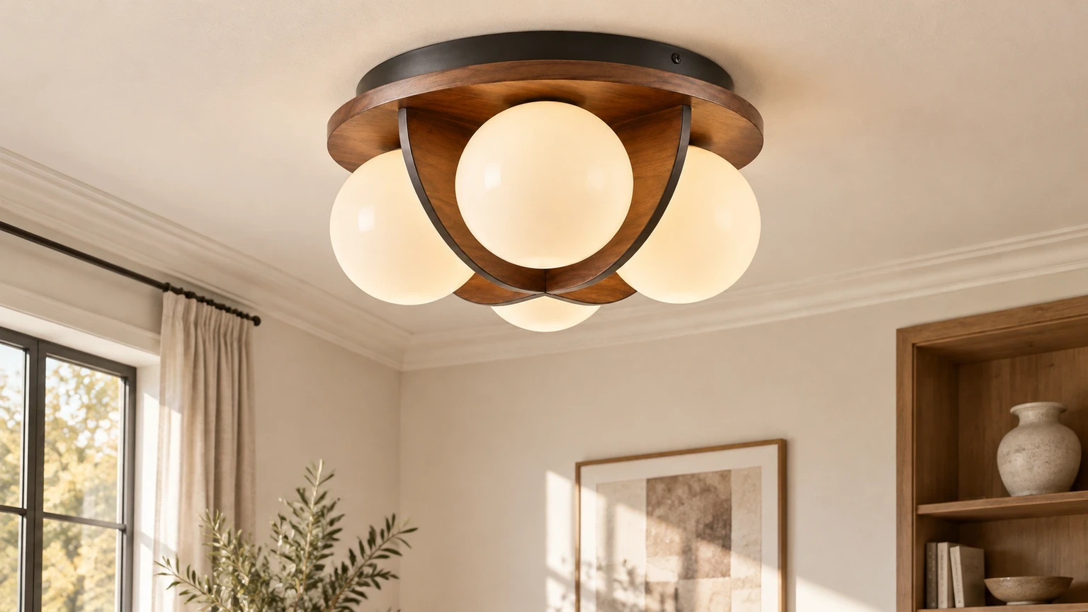 Wushlp Vintage Bean Walnut Wood and Metal Flush Mount Ceiling Light installed in a bright bedroom hallway