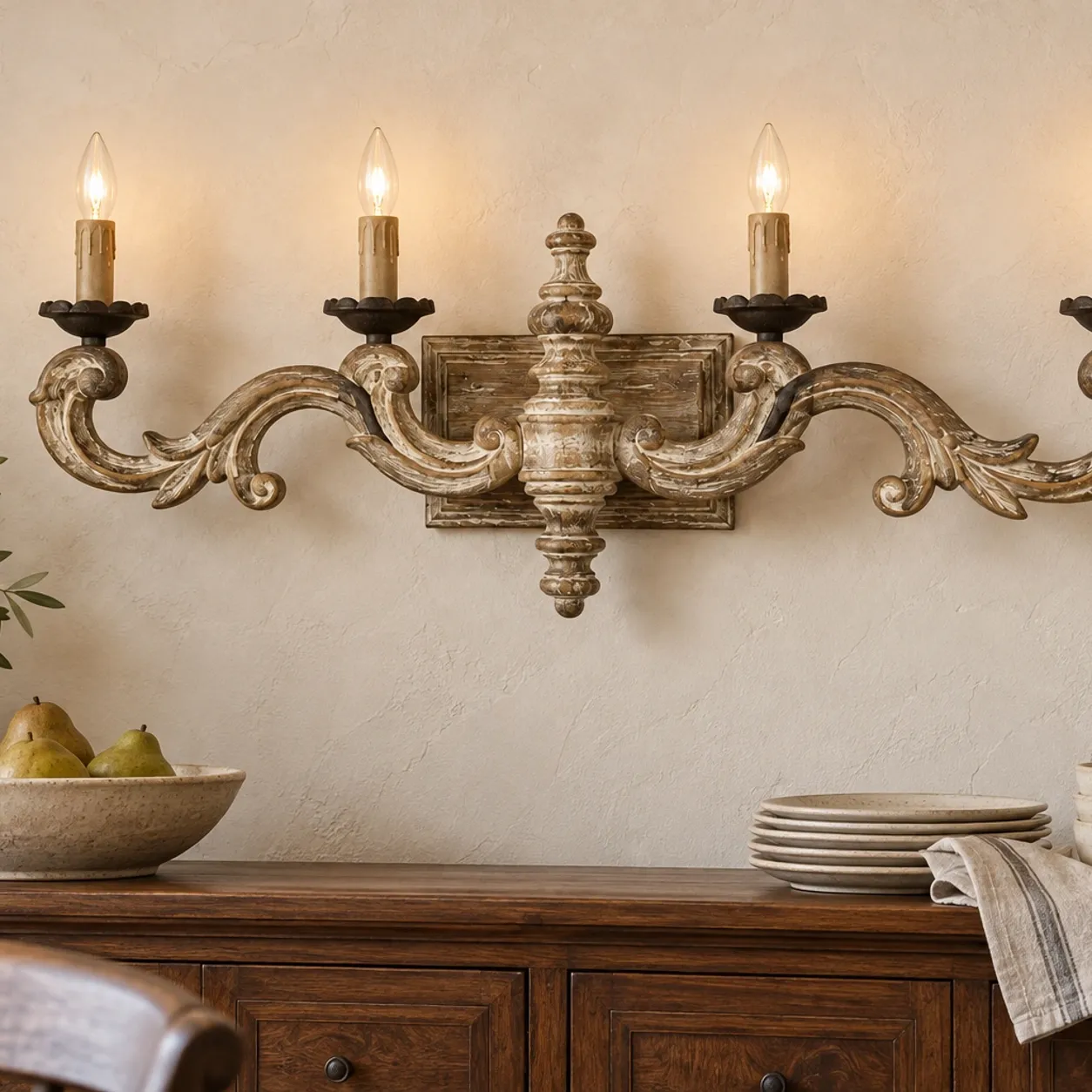 Carved wood wall sconce in a dining room