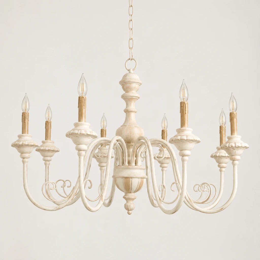 Elise American Vintage Carved Wood Chandelier, Soft White Wood, switched-off product in a neutral studio