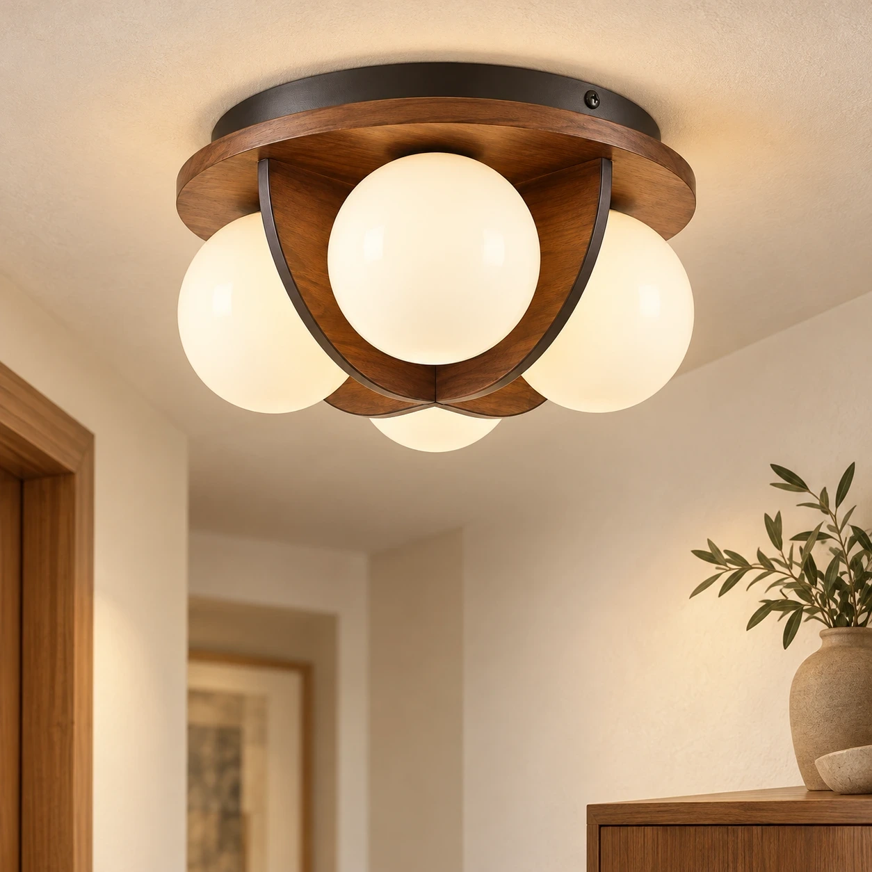 Wushlp Vintage Bean Walnut Wood and Metal Flush Mount Ceiling Light in a compact foyer