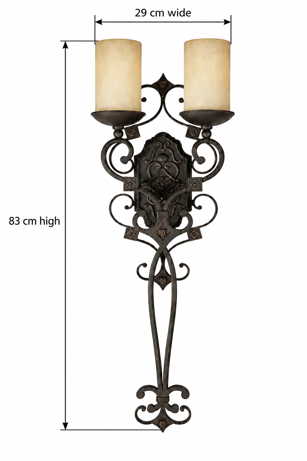 Amelie French Country Double-Candle Iron Wall Sconce dimensions: 29 cm wide by 83 cm high