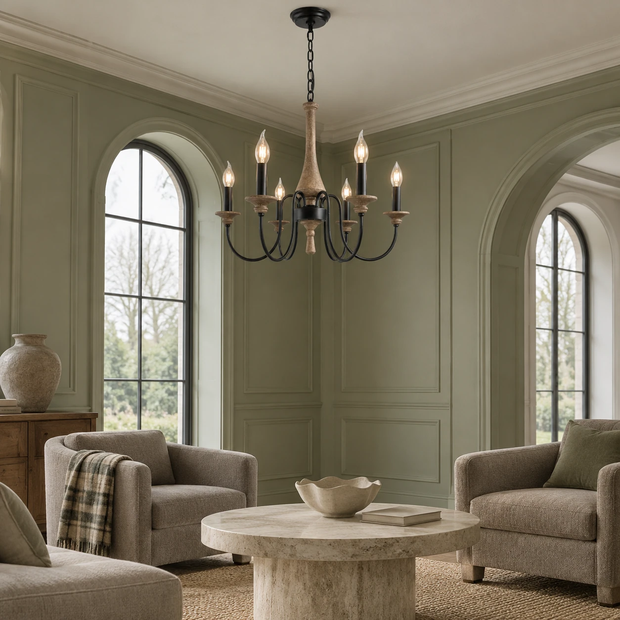 Sophie Vintage Carved Wood Branch Chandelier in a living room