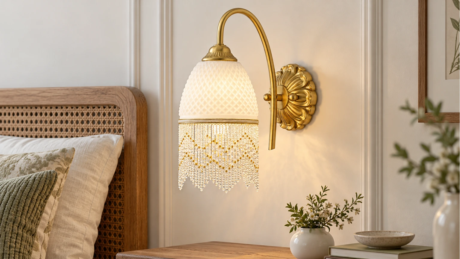 Mara Vintage Tassel Iron Glass Wall Sconce in a bright bedroom setting