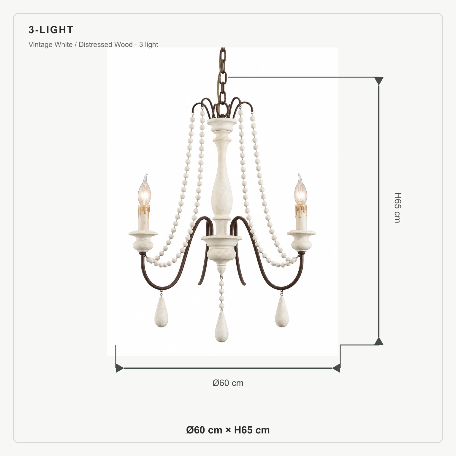 3-light chandelier dimensions: Ø60 cm × H65 cm