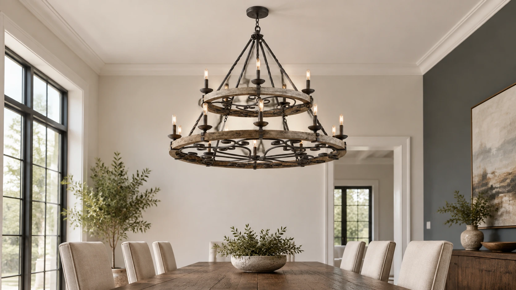 15-Light wood and iron wagon-wheel chandelier in a dining room