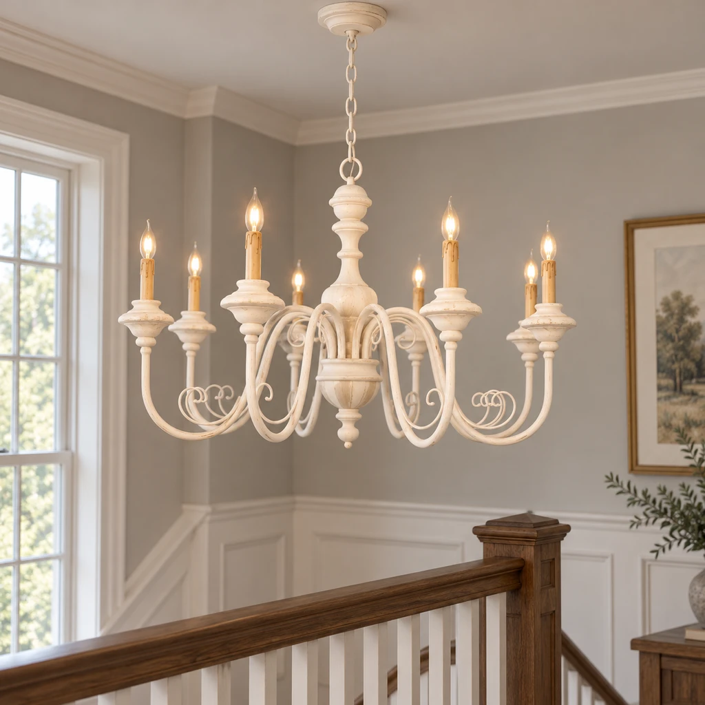 Elise American Vintage Carved Wood Chandelier, Soft White Wood, medium-near hospitality setting