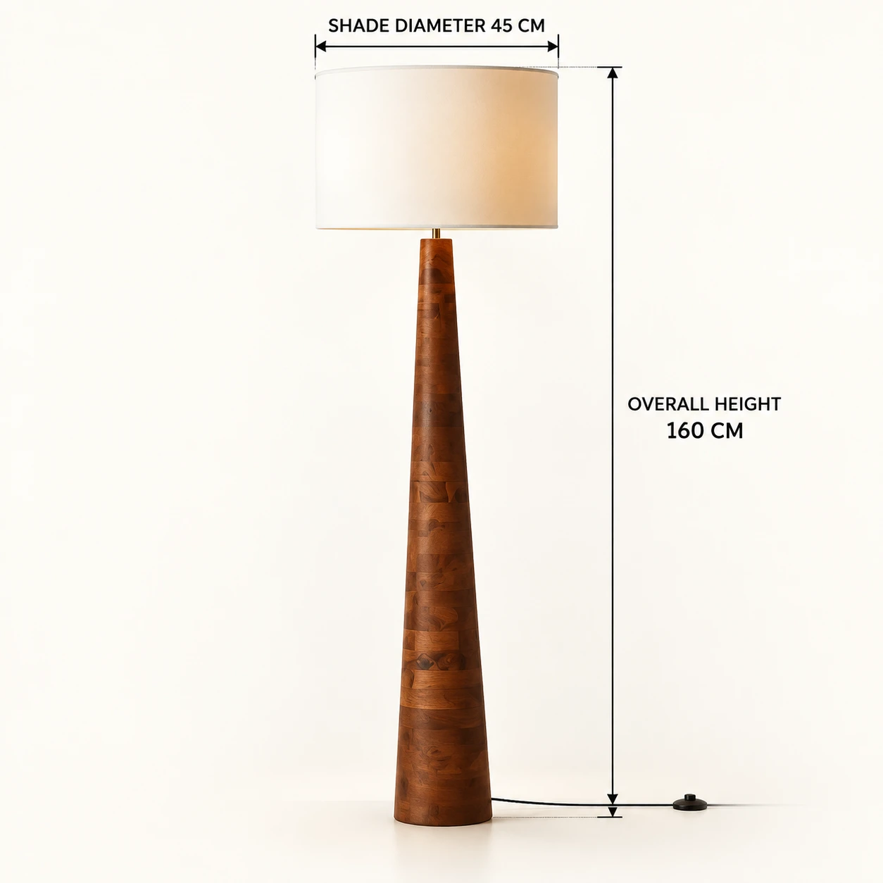Verified dimensions — overall height 160 cm, shade diameter 45 cm