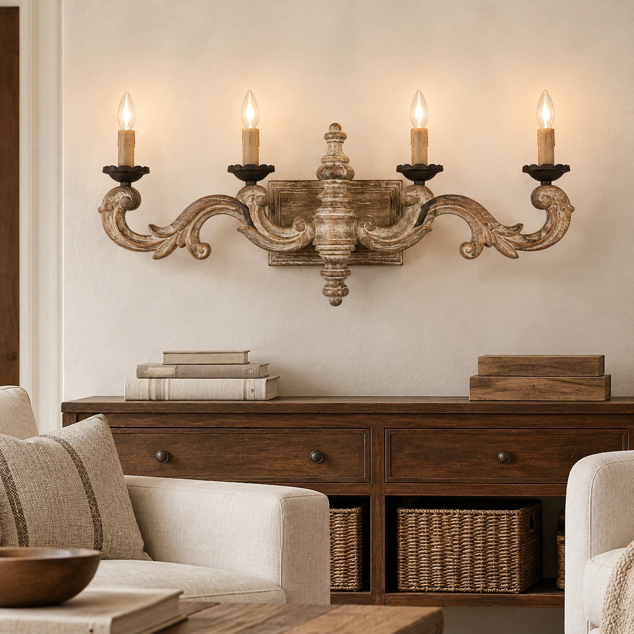 Carved wood wall sconce above a walnut console
