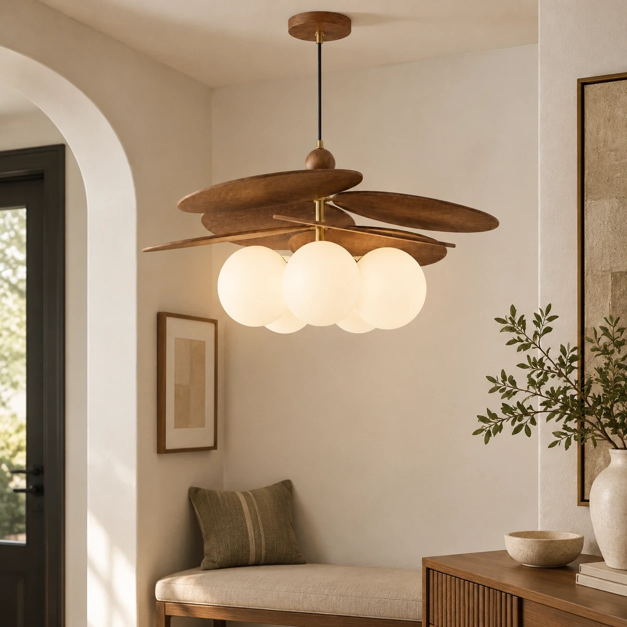 Wushlp Vintage Bean Glass and Metal Pendant Light on a living-room accent wall