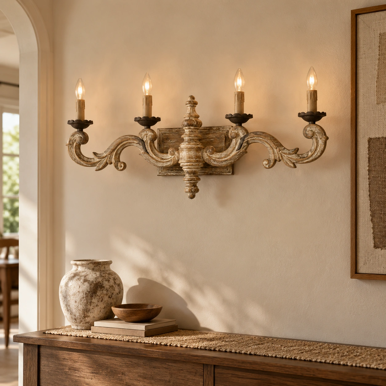 American rustic carved wall sconce in an entry