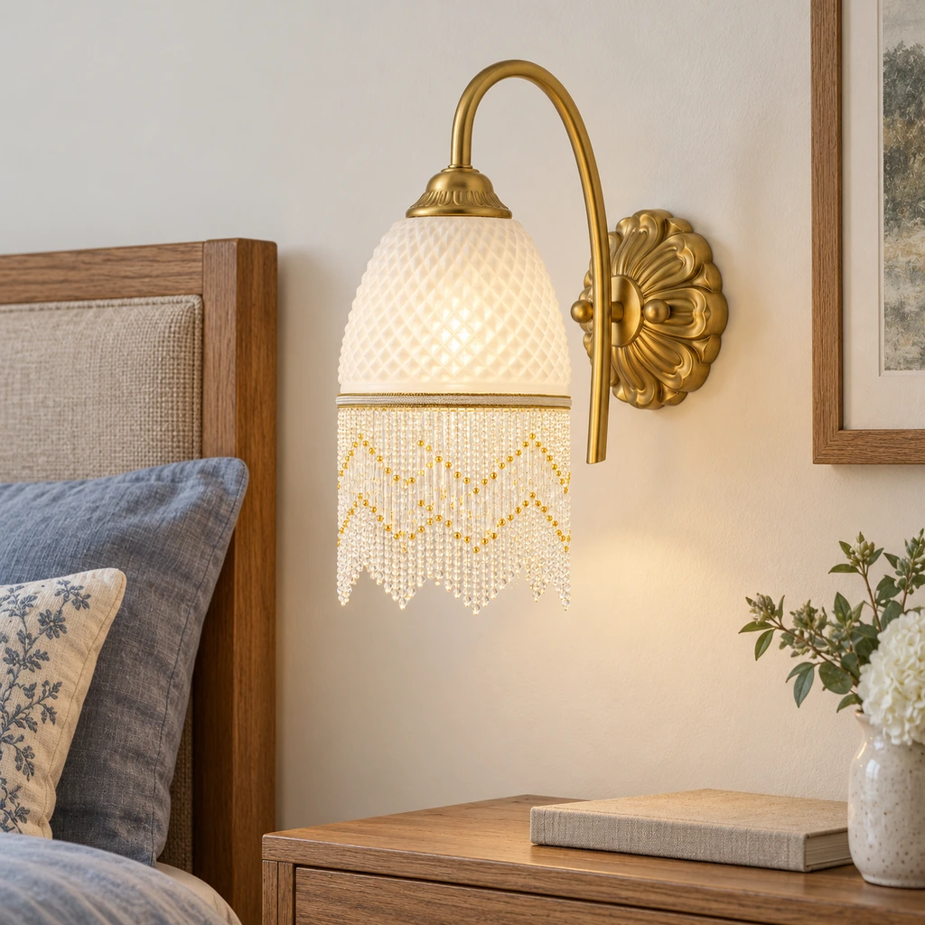 Mara Vintage Tassel Iron Glass Wall Sconce on a living room accent wall