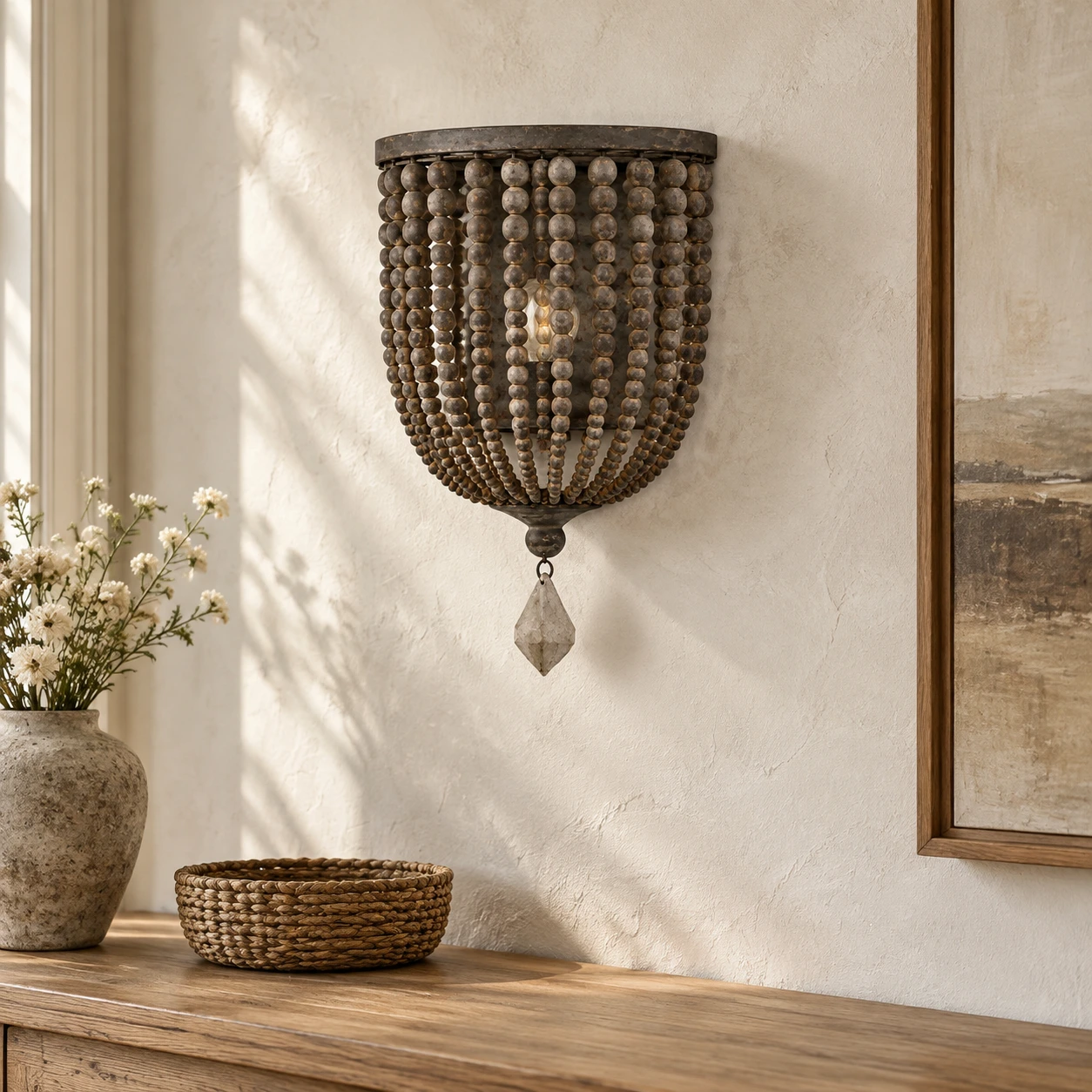 Wood bead wall sconce reading corner