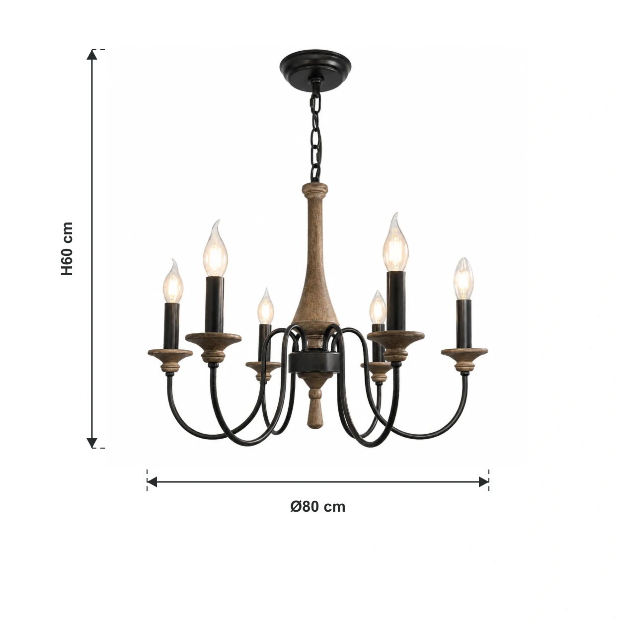 White-background chandelier with H60 cm and Ø80 cm dimension annotations