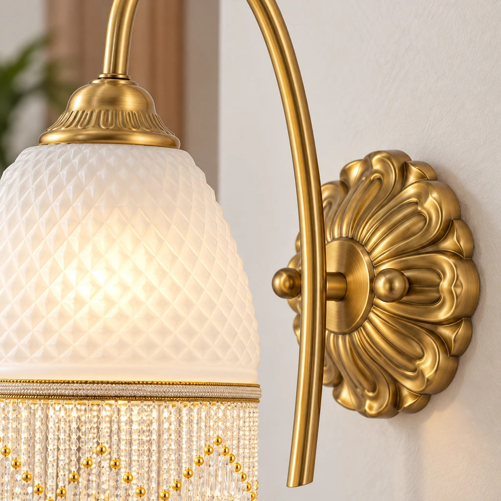 Close view of Mara Vintage Tassel Iron Glass Wall Sconce curved iron arm and decorative backplate