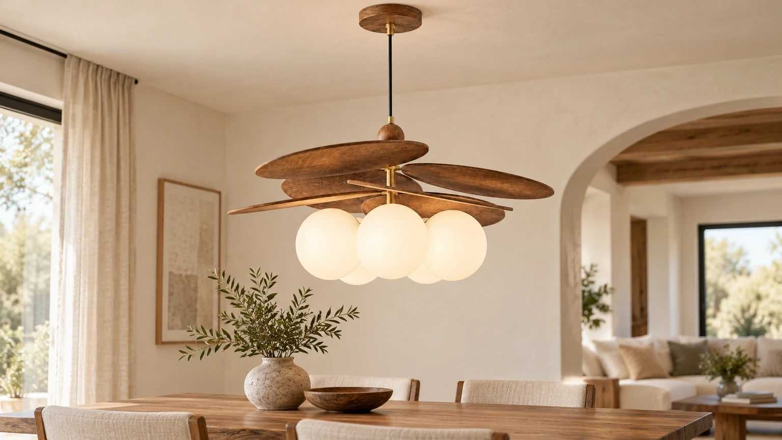 Wushlp Vintage Bean Glass and Metal Pendant Light installed in a bright bedroom hallway
