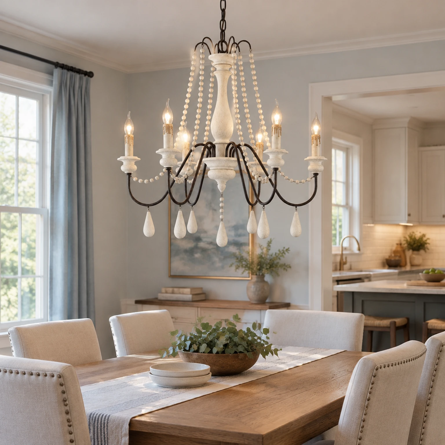 Vintage white branch chandelier above a family dining table