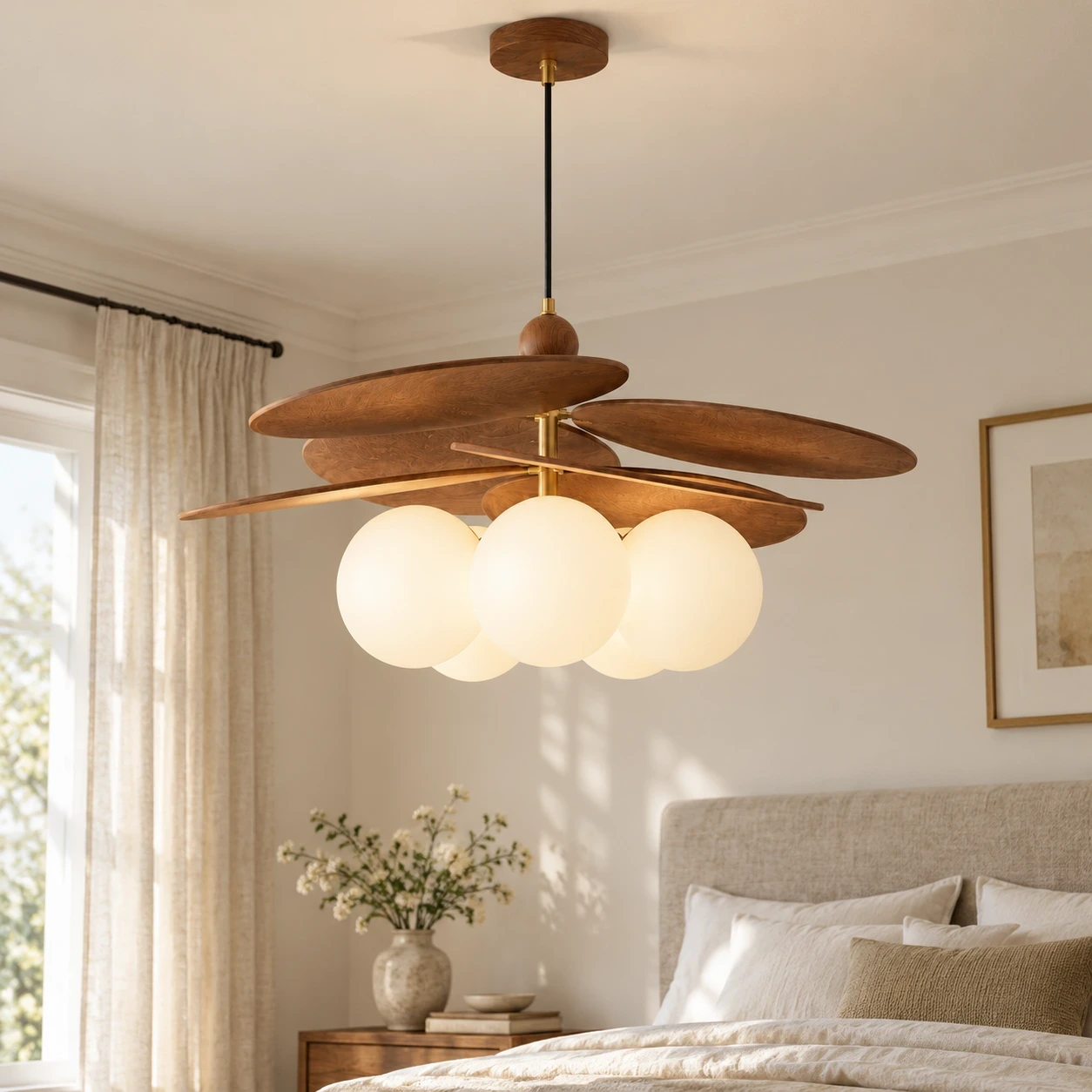 Wushlp Vintage Bean Glass and Metal Pendant Light beside a bedroom