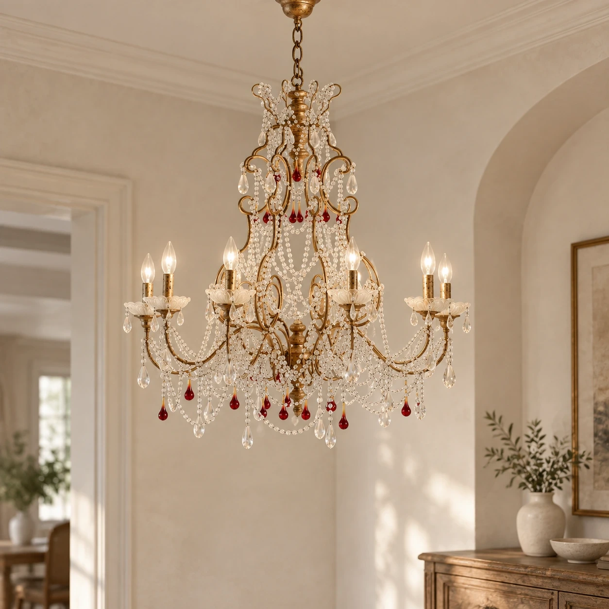 Mara French Vintage Relief Floral Ceramic Wood Pendant Light in a refined entryway