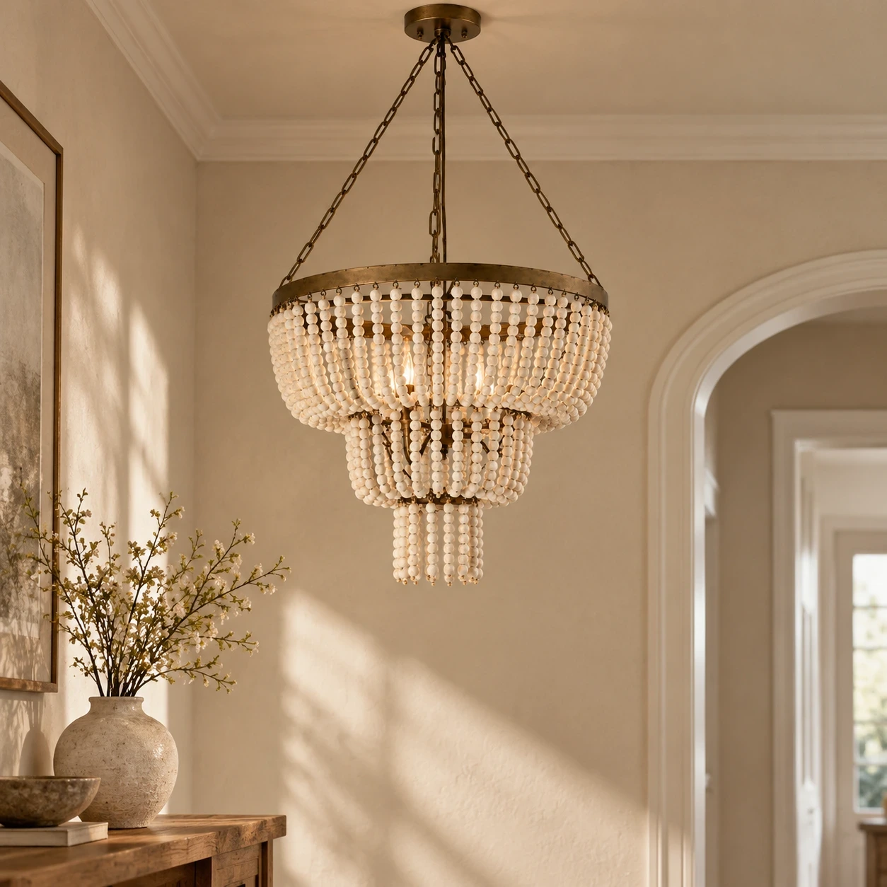 Mara French Vintage Relief Floral Ceramic Wood Pendant Light in a refined entryway