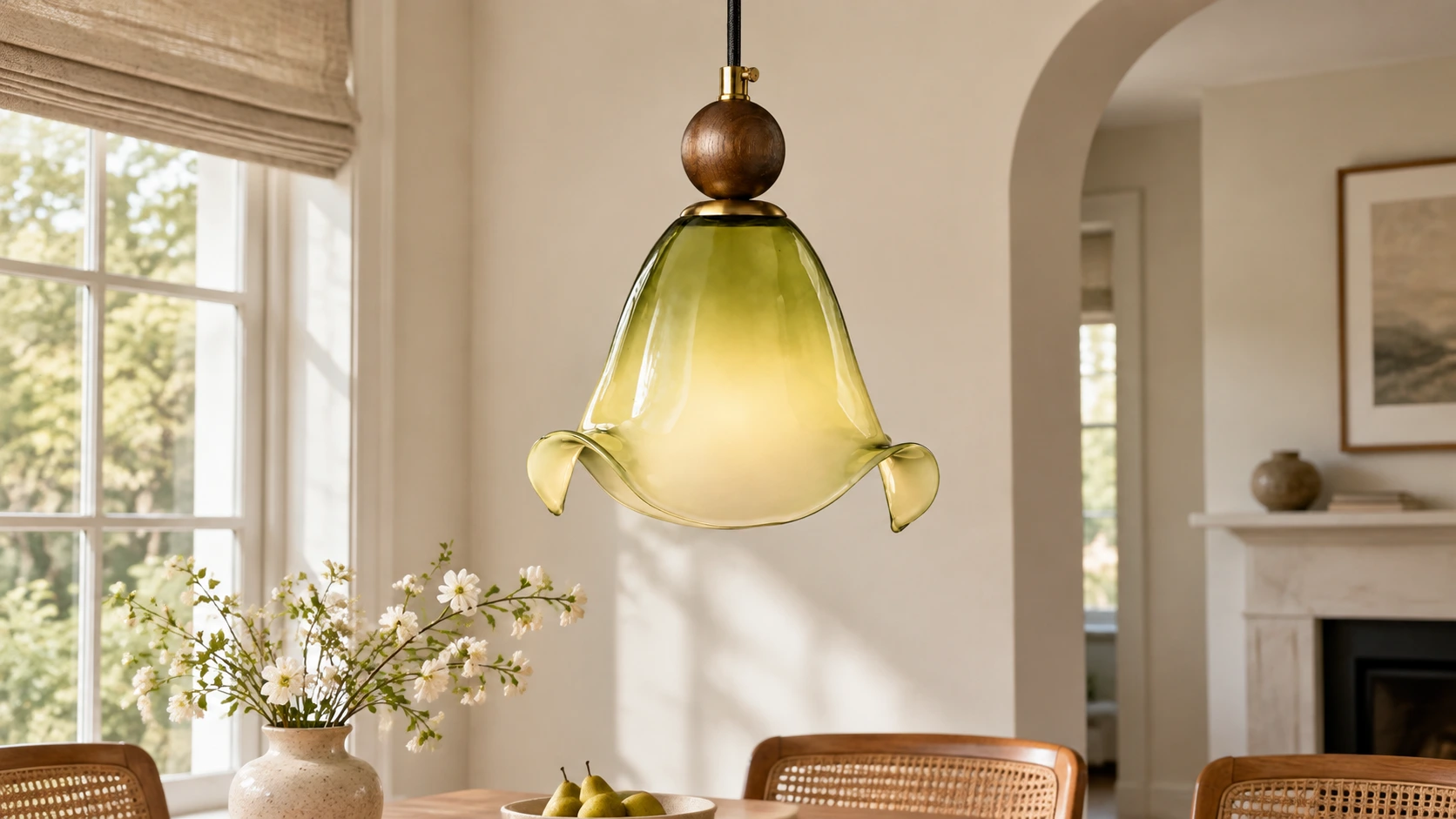 Finn Vintage Floral Walnut Wood and Metal Pendant Light - generated detail banner