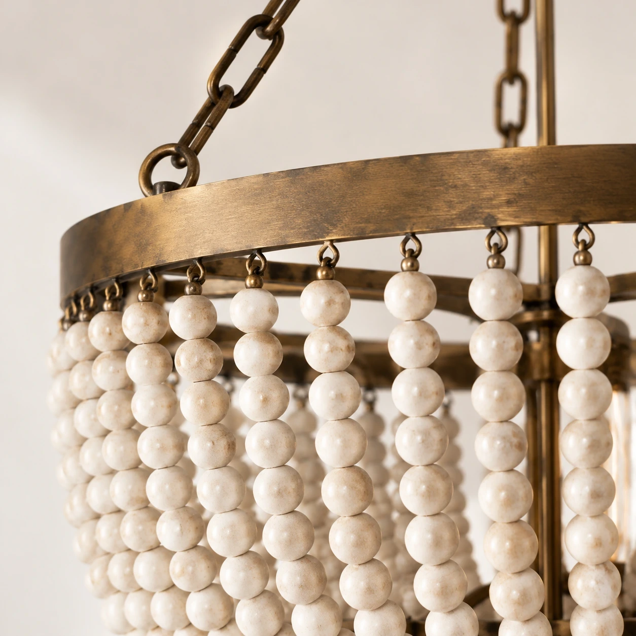 Close view of Mara French Vintage Relief Floral Ceramic Wood Pendant Light wood cap and cord connection