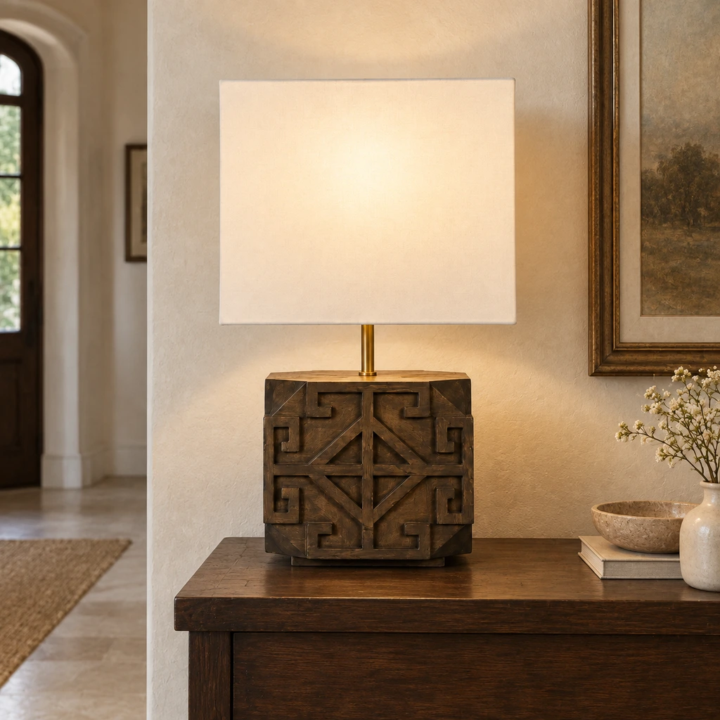 Aurelia carved wood table lamp in a French-transitional entry hall