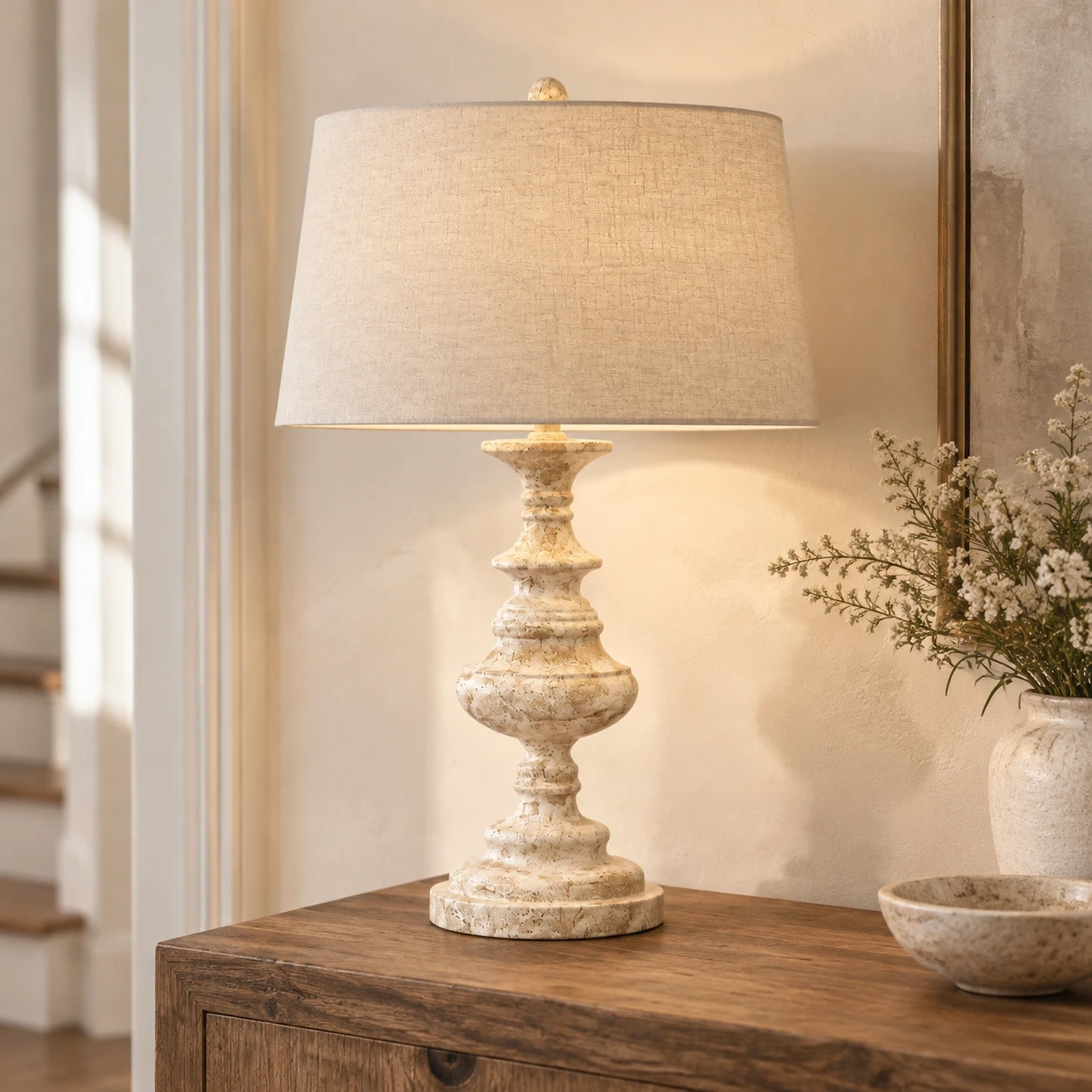 Mara French Vintage Relief Floral Ceramic Wood Pendant Light in a refined entryway
