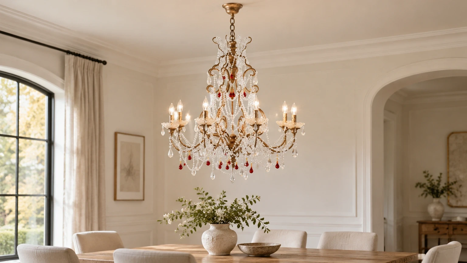 Mara French Vintage Relief Floral Ceramic Wood Pendant Light in a bright bedroom setting