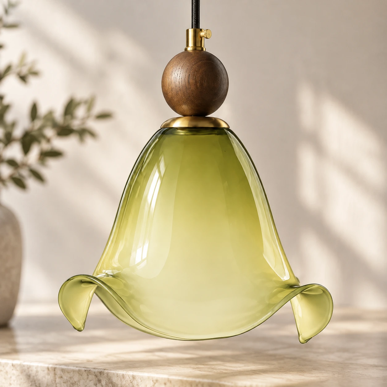 Finn Vintage Floral Walnut Wood and Metal Pendant Light - generated detail view 2